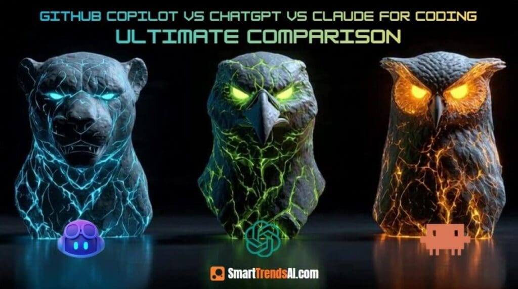 GitHub Copilot vs ChatGPT vs Claude for Coding 2026 — three AI tools represented as glowing stone animal statues (panther, eagle, owl) with tool logos, SmartTrendsAI Ultimate Comparison