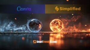 Simplified vs Canva AI 2026 hero comparison image — Canva logo top left on dark blue background with ice blue energy sphere, Simplified logo top right on gold background with fire orange energy sphere, SmartTrendsAI.com watermark center bottom