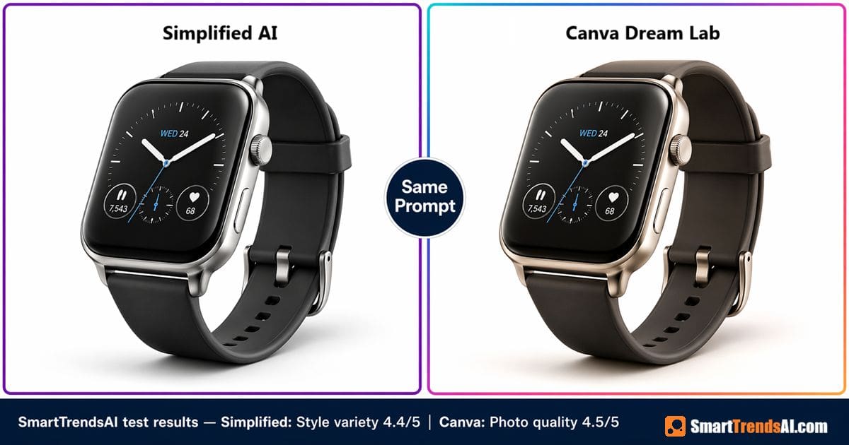Simplified AI vs Canva Dream Lab image generation quality comparison 2026 using the same prompt — left panel shows Simplified AI generated photorealistic black smartwatch with silver case on white background, right panel shows Canva Dream Lab generated identical smartwatch with gold champagne case and brown strap — SmartTrendsAI test results Simplified style variety 4.4 out of 5 and Canva photo quality 4.5 out of 5