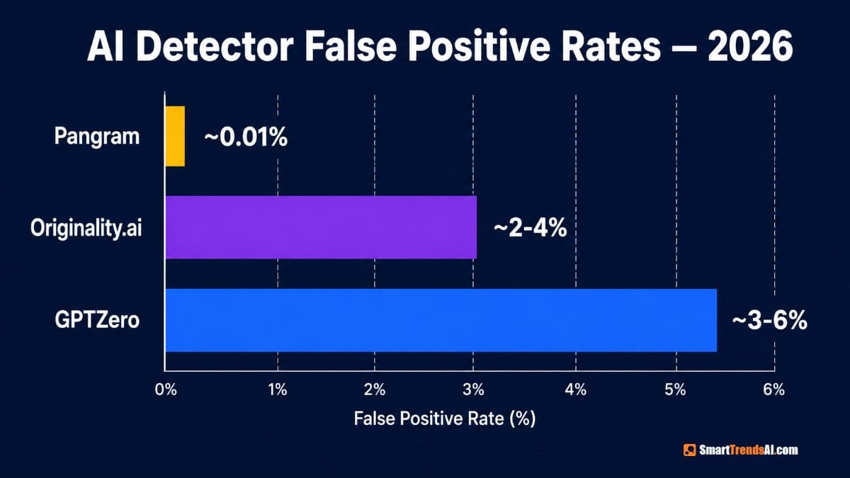AI detector false positive rates 2026 — Pangram 0.01%, Originality.ai 2-4%, GPTZero 3-6%
