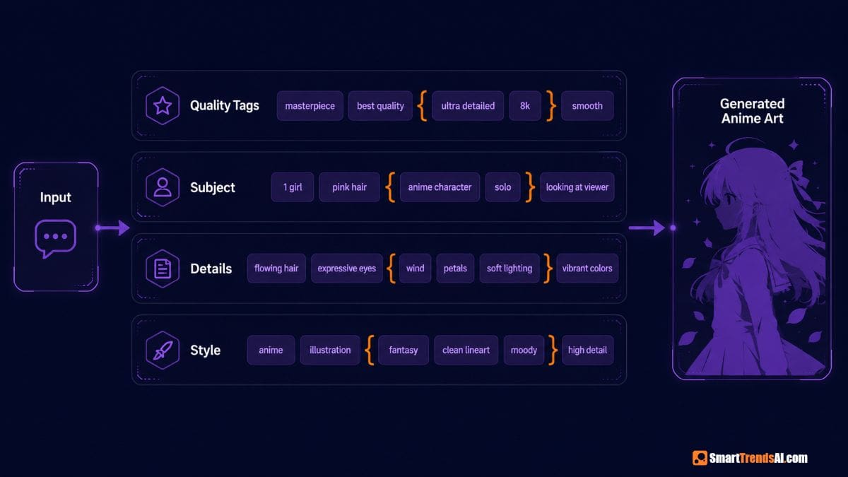NovelAI prompt guide infographic showing quality tags subject details and style
