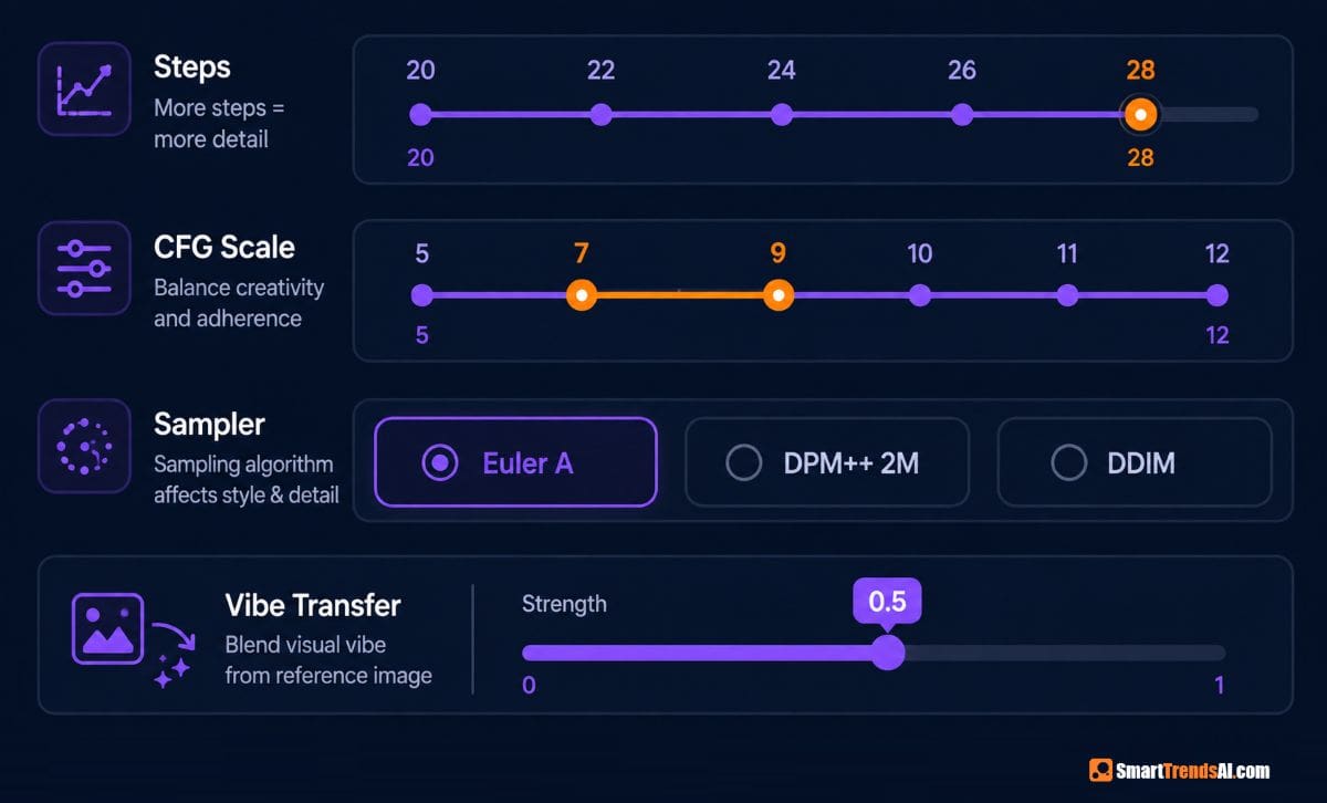 NovelAI settings guide showing steps CFG scale sampler and vibe transfer