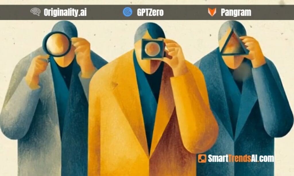 Pangram vs GPTZero vs Originality.ai 2026 — three editorial figures inspecting content