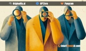 Pangram vs GPTZero vs Originality.ai 2026 — three editorial figures inspecting content