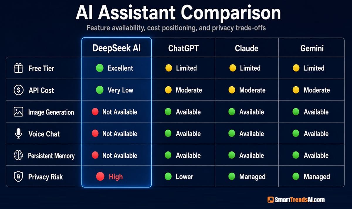 AI assistant comparison table comparing DeepSeek AI, ChatGPT, Claude, and Gemini across free tier, API cost, image generation, voice chat, persistent memory, and privacy risk