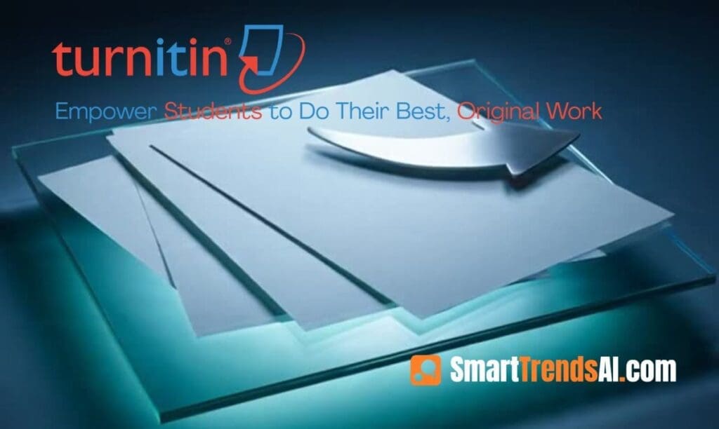 Turnitin AI detection review 2026 — glass document sheets with teal curved arrow