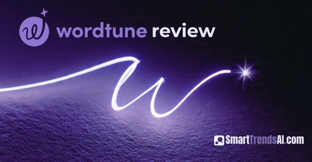 Wordtune review 2026 — glowing cursive W light trail on purple surface with sparkle